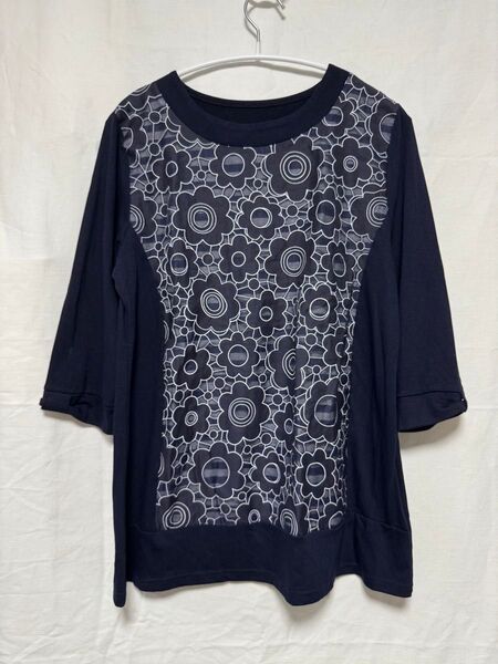 透け感フラワー柄切替チュニック 袖リボン 花柄 レース M/ -L カットソー
