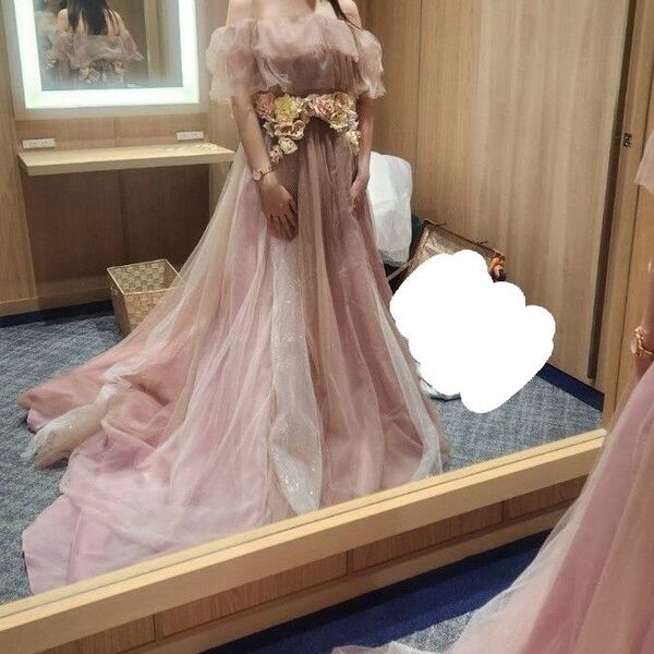 オーバードレス ピンク ロングドレス オフショルダー 花飾り 結婚式 パーティー