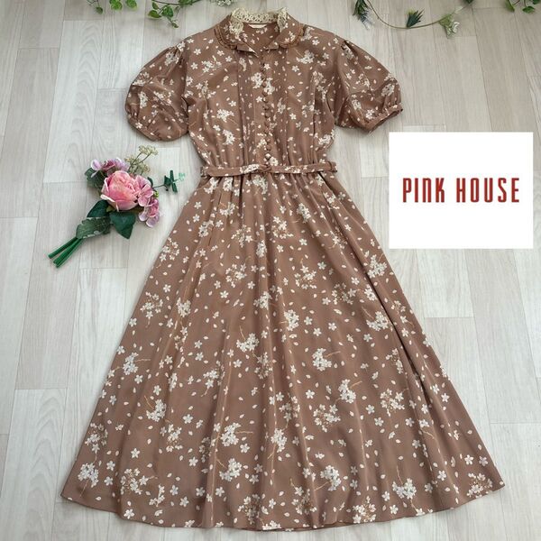 PINKHOUSE★花柄★ワンピース★90s★フリル★F★ピンクハウス★レア★ ロングワンピース ピンタック 桜 サクラ 半袖