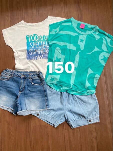 女の子 夏物 まとめ売り 150 Tシャツ 半袖 フレンチスリーブ デニムショートパンツ ハーフパンツ