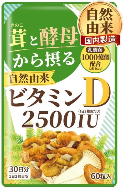自然由来 ビタミンD サプリメント 2500IU 乳酸菌 60粒 30日分