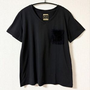 ポケット ファー Vネック 半袖 Tシャツ ブラック レディース M