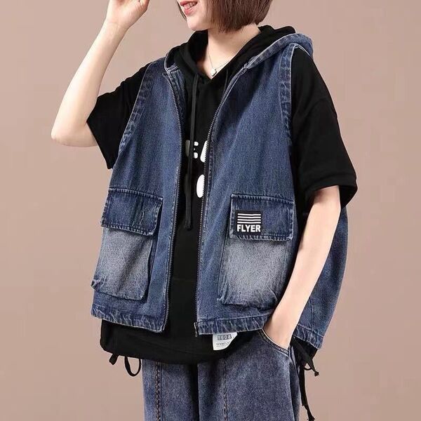 デニム デニムベスト ゆったり カジュアル 着やせ 体型カバー 大きいサイズ ノースリーブ 薄手 重ね着 通勤 OL 普段着