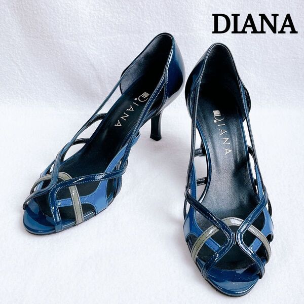 美品 DIANA ダイアナ オープントゥ メッシュ パンプス エナメル ハイヒール ネイビー 靴