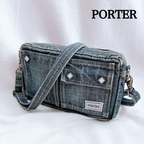 PORTER ポーター ブルー デニム ショルダーバッグ ひし形 インディゴ タンカー ユニセックス 男女兼用 ポーチ