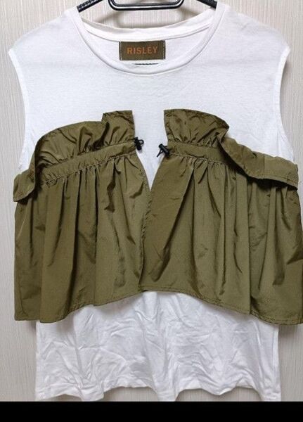 リズレー ビスチェ付 レディース夏服 ミリタリーコーデ ノースリーブ フリル カーキ色