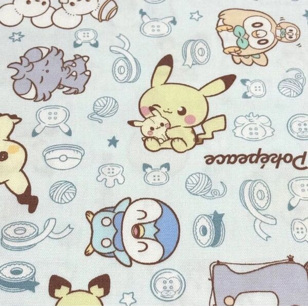 最新柄 ポケピース ポケモン ピカチュウ ポッチャマ オックス プリント 生地 水色 50cm