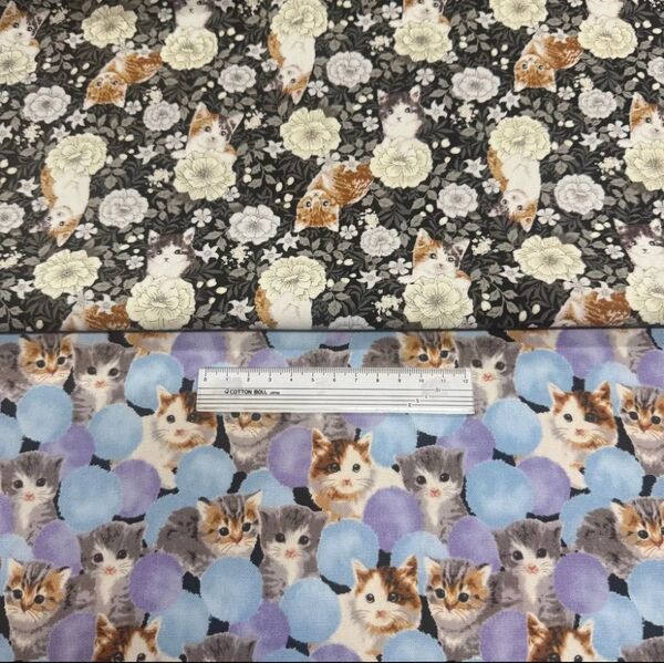 仔猫 ネコ柄 花柄 水玉 オックスプリント 生地 2色セット 各50cm