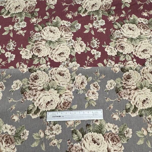 薔薇柄 綿麻 オックス プリント 生地 くすみカラー 2色セット ワイン&グレー 各50cm