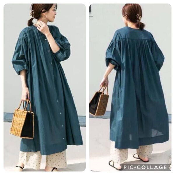 【美品】アーバンリサーチドアーズ コットンボイルギャザーワンピース グリーン