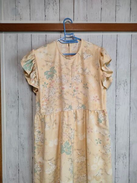 ワンピース ノースリーブ 着物リメイク 花葉柄 フリル袖