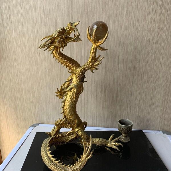 龍 置物 風水 金色 ルチル球 水杯 開運 金運 厄祓い インテリア