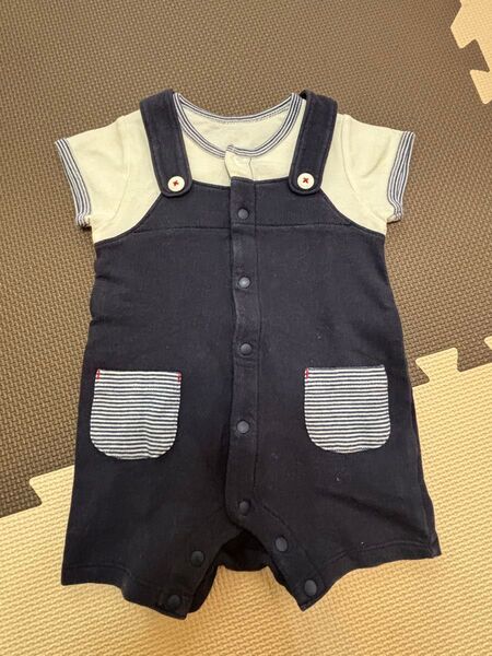 ネイビー ストライプポケットロンパース 60 UNIQLO 半袖