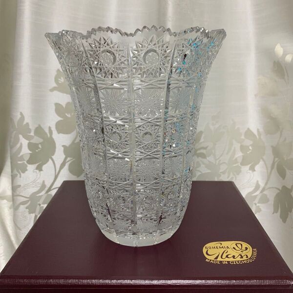 BOHEMIA GLASS ボヘミアングラス 花瓶 フラワーベース クリア 未使用 ハンドカット チェコスロバキア製