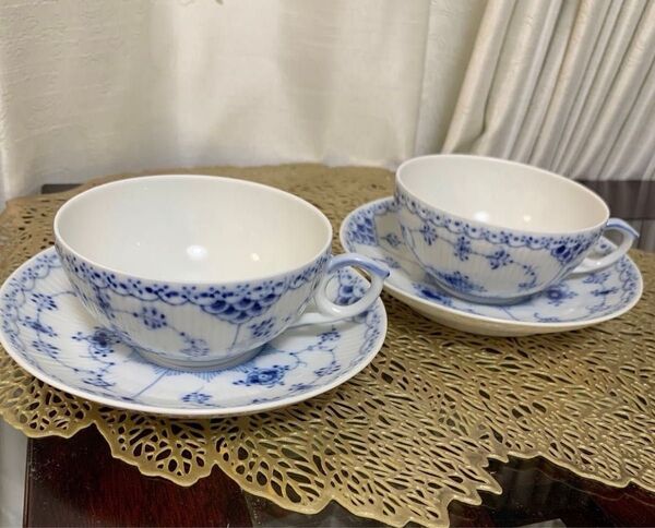 ロイヤルコペンハーゲン ブルーフルーテッド ハーフレース ティーカップ&ソーサー 2客 ROYAL COPENHAGEN