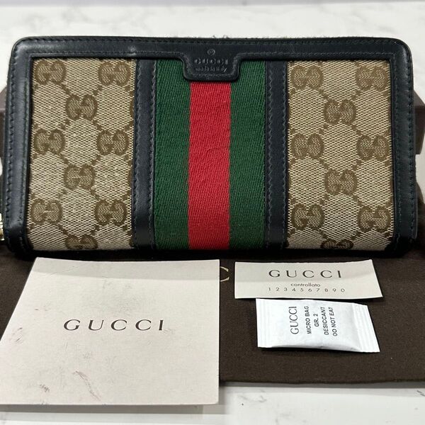 新品同様! グッチ GUCCI 財布 長財布 GGキャンバス シェリーライン ラウンドファスナー