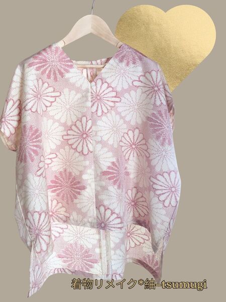 着物リメイク チュニック ブラウス 花柄 半袖 カットソー トップス ハンドメイド オールシーズン ベスト 和柄 日本製