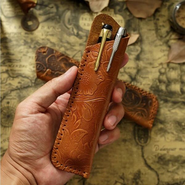 ハンドメイド 牛革 ペンケース ブラウン 花柄 カービング レザー