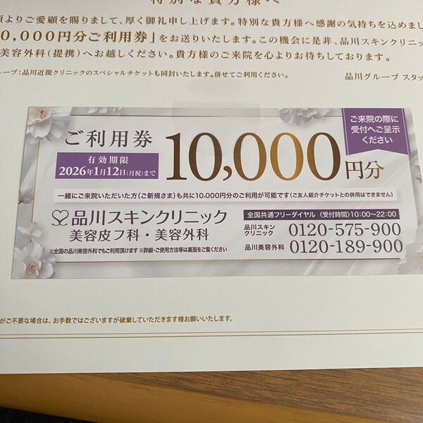 品川スキンクリニック/品川美容外科 10000円分ご利用券 クーポン券 割引券