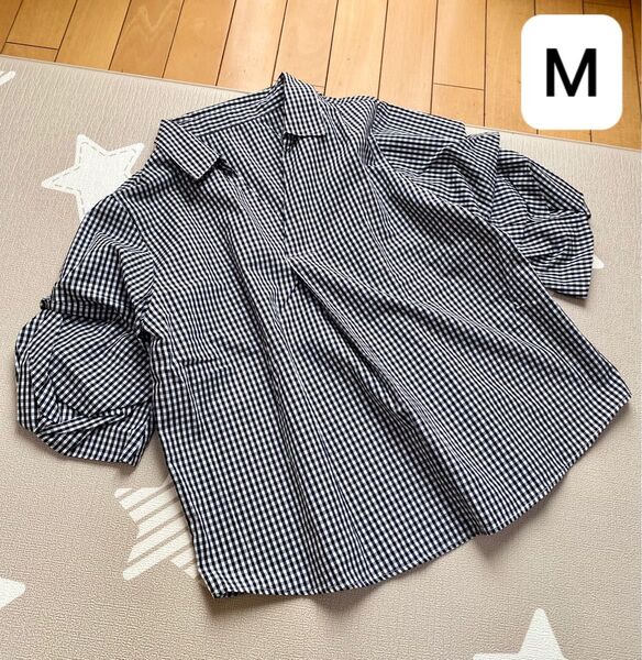 黒白チェック柄 半袖シャツ ブラウス M