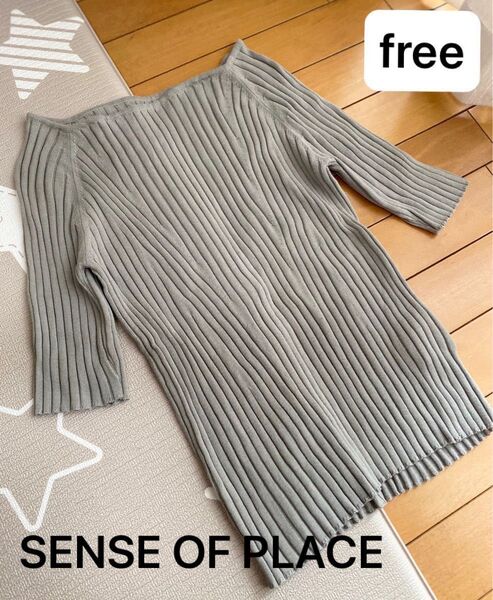 SENSE OF PLACE アーバンリサーチ カーキ リブ 半袖 薄手ニット フリー