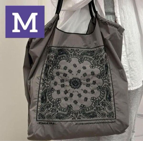Ball&Chain エコバッグ Mサイズ グレー 花柄 黒刺繍 軽量 撥水 大容量 折りたたみ可能 コンパクトな バンダナ柄