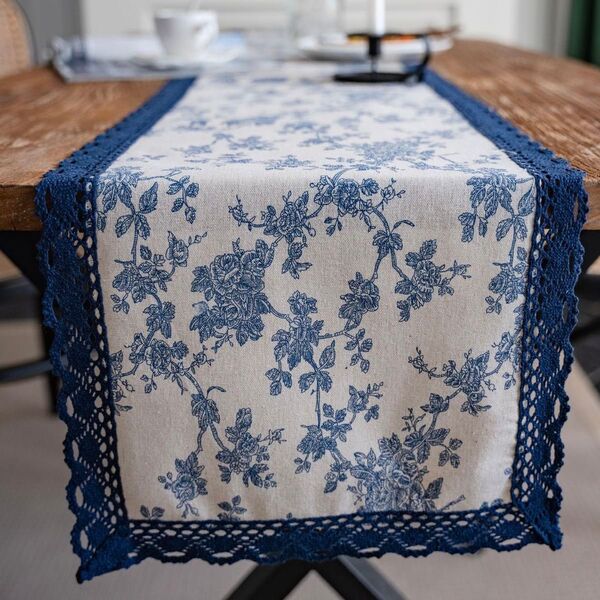 テーブルランナー 青 レース テーブルクロス テーブルセンター インテリア 北欧風 花柄 刺繍 ブルー ホワイト 飾り 装飾