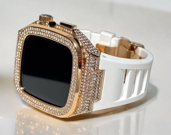 CZダイヤR★アップルウォッチバンド ラバーベルト Apple Watch ステンレスカバー ケース 45mm 44mm キラキラ