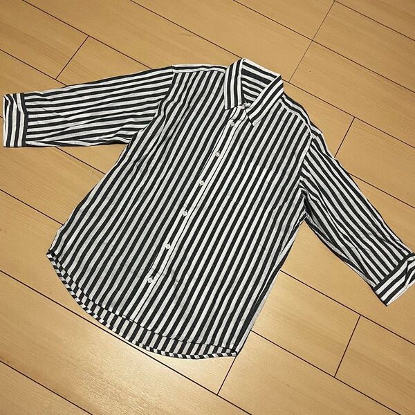 値下げ 新品 タグ無し ストライプシャツ 七分袖 モノトーン メンズ Mサイズ