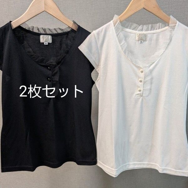 【2枚セット 匿名発送 送料無料】半袖Tシャツ チュールレース Mサイズ ブラック&ホワイト 半袖 トップス