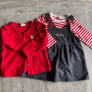 ミキハウス 女の子 赤カーディガンとストライプTシャツセット 3点セット