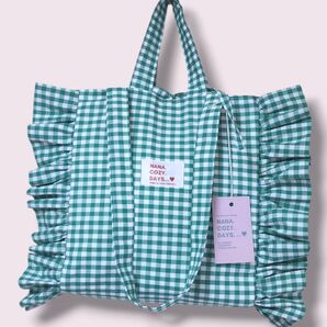 推し活 推しカラー フリルマチありトートバッグ グリーンチェック ハンドメイド 韓国
