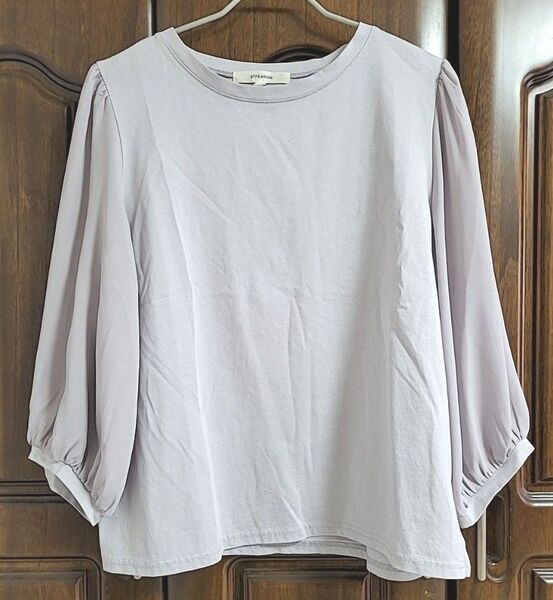 ◆pinkadobeカットソー トップス七分袖 異素材ライトパープル M Tシャツ ブラウス ワールド