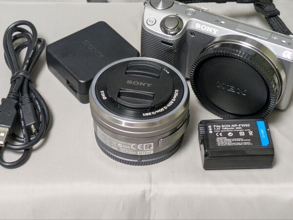 動作品★ミラーレス NEX-5R パワーズームレンズセット シルバー★おまけ付