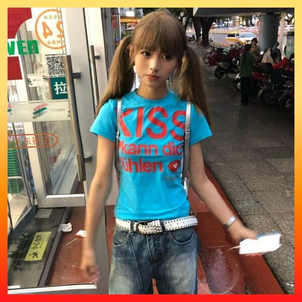 Tシャツ ブルー グランジ y2k 平成ギャル ダークコケット ピチT 半袖Tシャツ 半袖 トップス Tシャツ 可愛い