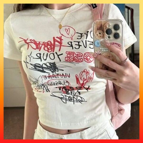 クロップドTシャツ グラフィック 平成ギャル y2k ダークコケット チビT Tシャツ 半袖 ホワイト 白