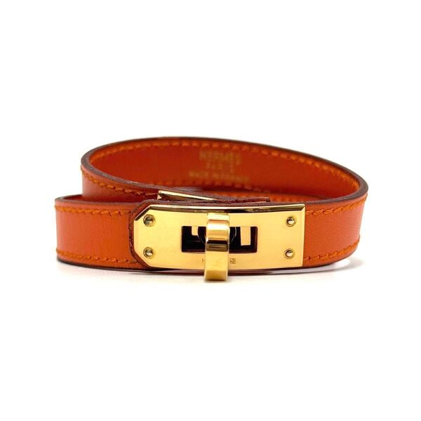 エルメス ケリー ドゥブルトゥール バングル ブレスレット オレンジ ゴールド レザー アクセサリー HERMES