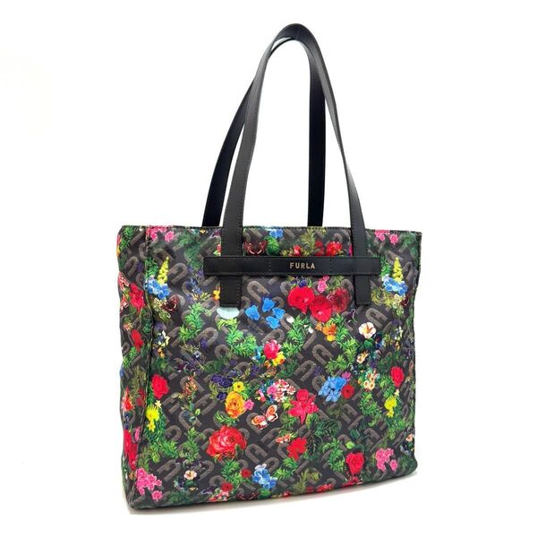 フルラ トートバッグ 肩掛け フラワー 花柄 ボタニカル ブラック 黒 グリーン マルチカラー ナイロン レザー A4 FURLA