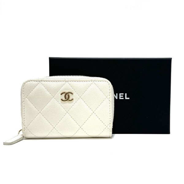 シャネル コインケース 小銭入れ ミニウォレット コンパクト 財布 ホワイト キャビアスキン マトラッセ ココマーク CHANEL