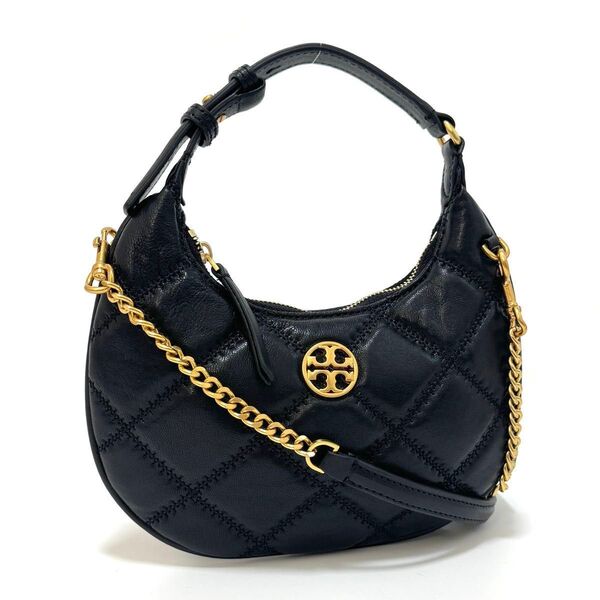 トリーバーチ ウィラ ミニ クレセント ショルダーバッグ ハンド キルティング ブラック ゴールド レザー Tory Burch