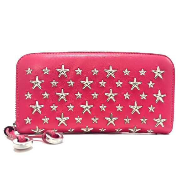 ジミーチュウ 長財布 ロングウォレット ピンク シルバー レザー スタッズ スター 星 ラウンドファスナー JIMMY CHOO