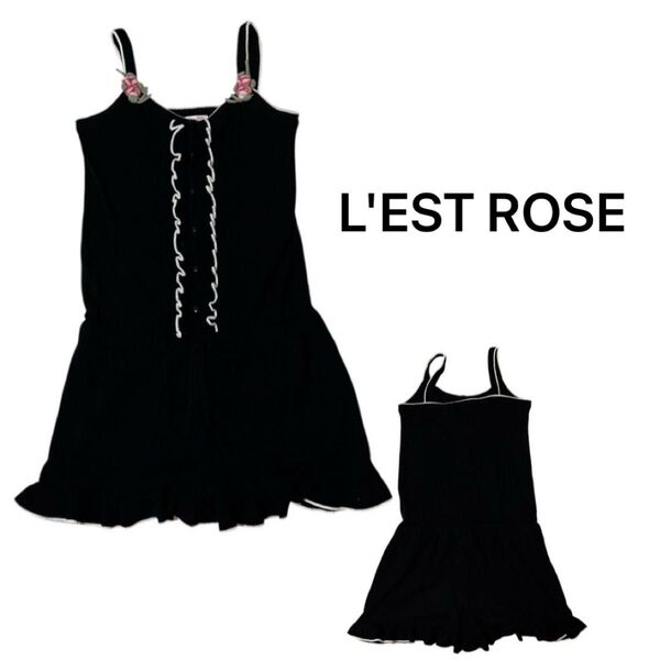 【訳あり】L'EST ROSE ノースリーブワンピース 薔薇 刺繍 フリル レース ブラック パンツタイプ 裏地あり