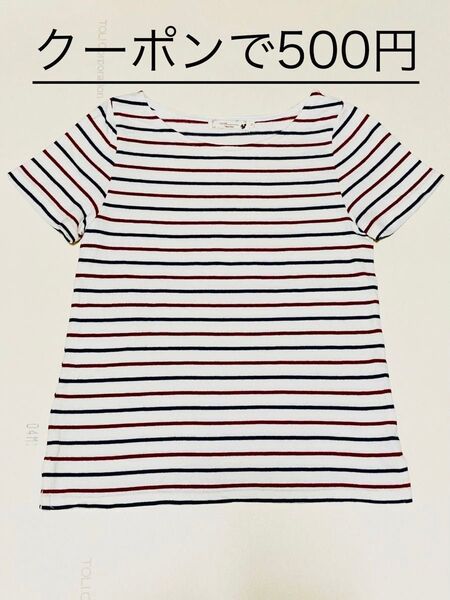アース ボーダーTシャツ 半袖カットソー ボートネックTシャツ ボーダー柄 ホワイト 白 マルチボーダー