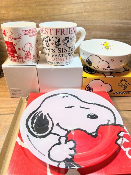 スヌーピー マグカップ2個、非売品ボウル&ガラスプレート 合計4点 まとめ売り