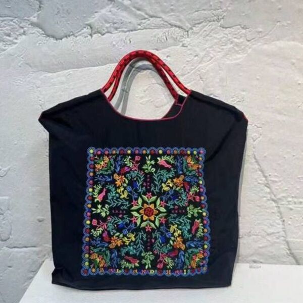 【ラスト1点】花柄 刺繍 エコバッグ ブラック