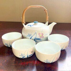 急須 湯飲み茶碗 コップ 茶器 陶器 花柄 リンドウ 平成レトロ