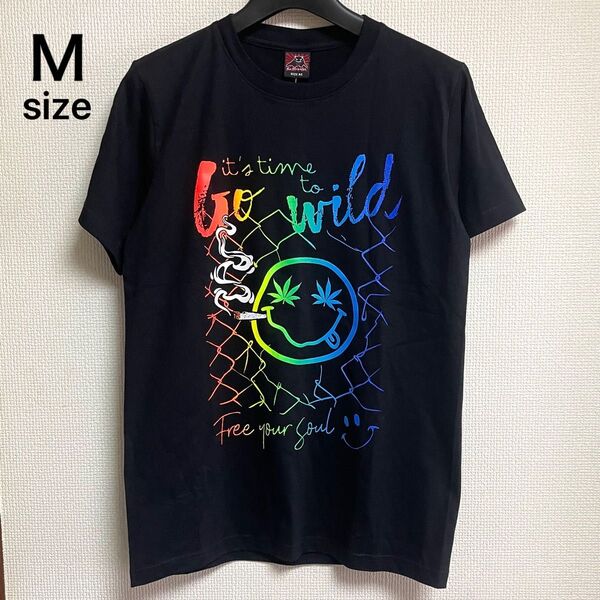 未使用タグ付き vex M スマイル 煙草ニコちゃん 蛍光レインボー色 半袖Tシャツ カットソー ブラック 男女兼用 ユニセックス