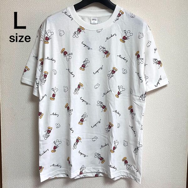 未使用タグ付き Lサイズ ディズニー ミッキーマウス 半袖Tシャツ ホワイト 総柄 カットソー 男女兼用 ユニセックス