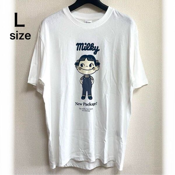 未使用タグ付き L 綿100% ペコちゃん 不二家 サンリオ 半袖プリントTシャツ ホワイト ユニセックス 男女兼用 企業コラボ