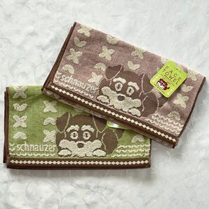 未使用タグ付き 綿100% シュナウザー柄フェイスタオル グリーン ブラウン